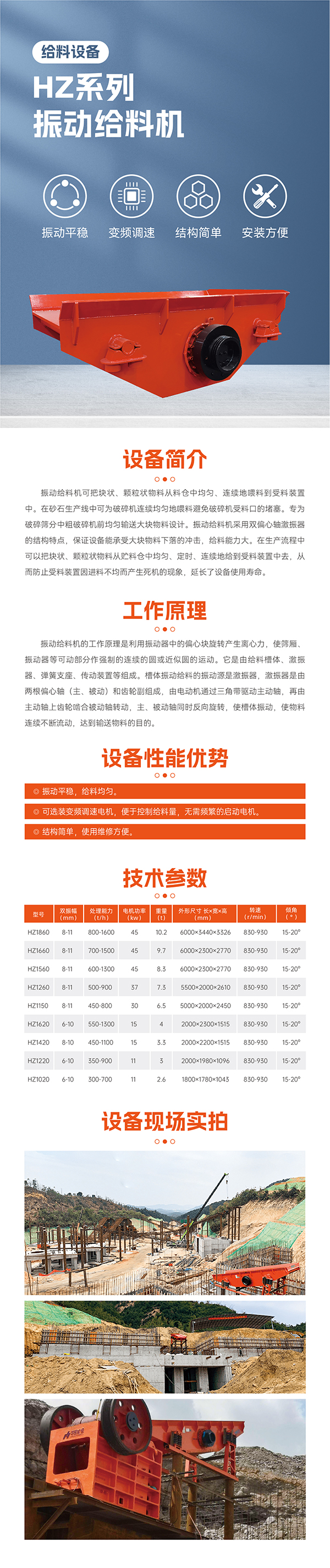 振動平穩(wěn),給料均勻。 可選裝變頻調(diào)速電機,便于控制;給料量,無需頻繁的啟動電機。 結(jié)構(gòu)簡單,使用維修方便。 最大標準型號HZ1860振動給料機標配45KW電機 雙振幅 8-11mm 重量10.2噸,轉(zhuǎn)速830-930R/min 安裝傾角 15-20度, 處理量可達800-1600噸 適合大型生產(chǎn)線礦山項目使用一般使用在時產(chǎn)1000-2000噸,此系列振動給料機可根據(jù)具體客戶實際需要加大尺寸響應(yīng)提升給料效率!